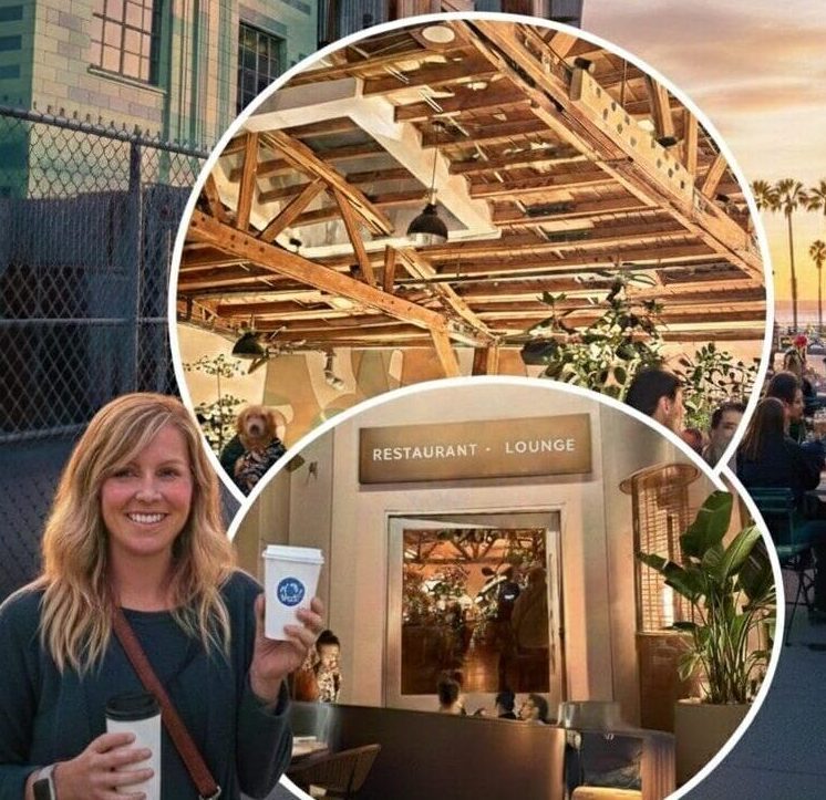 A blonde woman holding a Blue Bottle coffee cup stands in front of the Edgemar complex in Santa Monica. The image features a collage showing the industrial deconstructivist architecture of Frank Gehry, the interior of Edgemar Restaurant + Lounge with exposed wood beams, and a golden sunset over Main Street with palm trees.
