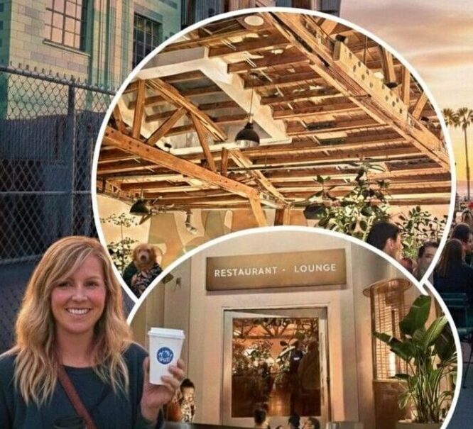 A blonde woman holding a Blue Bottle coffee cup stands in front of the Edgemar complex in Santa Monica. The image features a collage showing the industrial deconstructivist architecture of Frank Gehry, the interior of Edgemar Restaurant + Lounge with exposed wood beams, and a golden sunset over Main Street with palm trees.