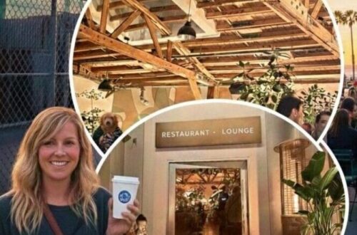 A blonde woman holding a Blue Bottle coffee cup stands in front of the Edgemar complex in Santa Monica. The image features a collage showing the industrial deconstructivist architecture of Frank Gehry, the interior of Edgemar Restaurant + Lounge with exposed wood beams, and a golden sunset over Main Street with palm trees.