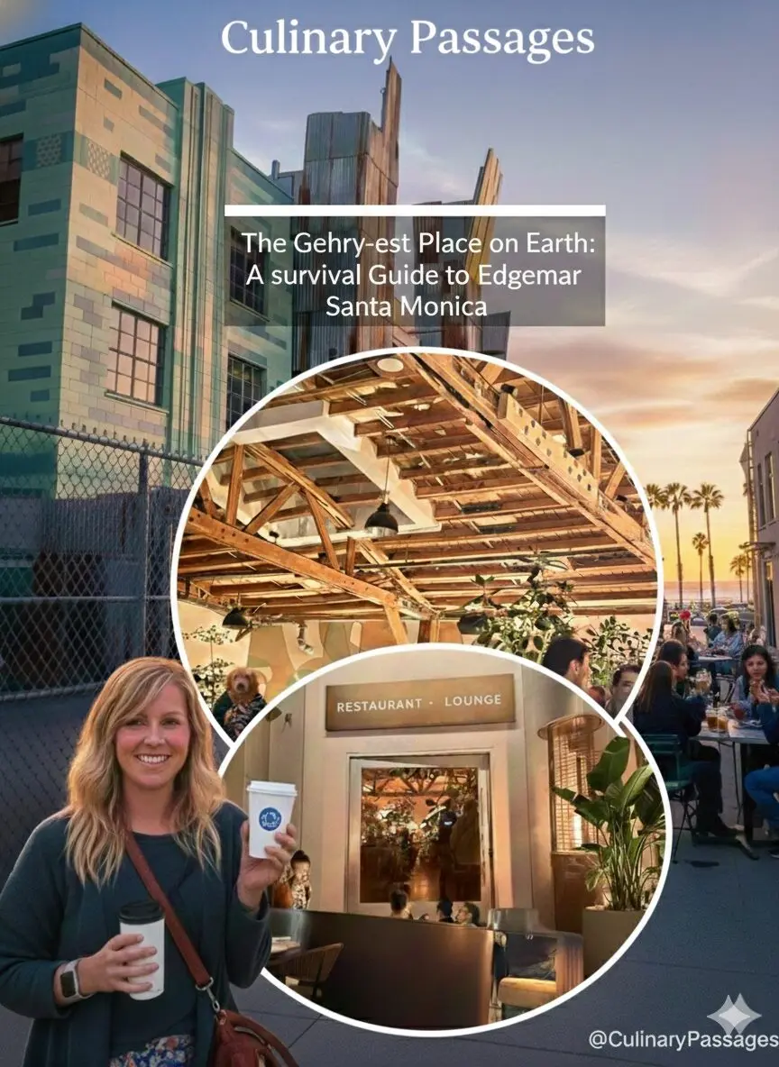 A blonde woman holding a Blue Bottle coffee cup stands in front of the Edgemar complex in Santa Monica. The image features a collage showing the industrial deconstructivist architecture of Frank Gehry, the interior of Edgemar Restaurant + Lounge with exposed wood beams, and a golden sunset over Main Street with palm trees.