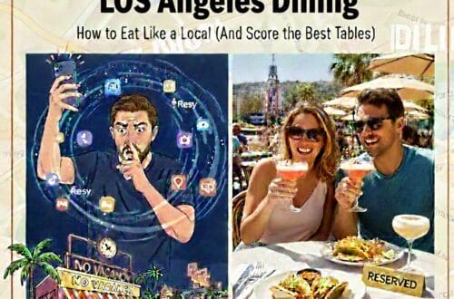 A split-screen graphic for Los Angeles dining. On the left, a frustrated man holds a phone showing Resy app icons outside a "No Vacancy" restaurant. On the right, a happy couple toasts with cocktails and tacos at a reserved outdoor table in sunny LA.