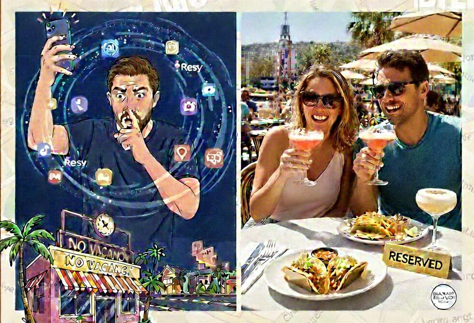 A split-screen graphic for Los Angeles dining. On the left, a frustrated man holds a phone showing Resy app icons outside a "No Vacancy" restaurant. On the right, a happy couple toasts with cocktails and tacos at a reserved outdoor table in sunny LA.