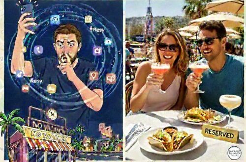 A split-screen graphic for Los Angeles dining. On the left, a frustrated man holds a phone showing Resy app icons outside a "No Vacancy" restaurant. On the right, a happy couple toasts with cocktails and tacos at a reserved outdoor table in sunny LA.