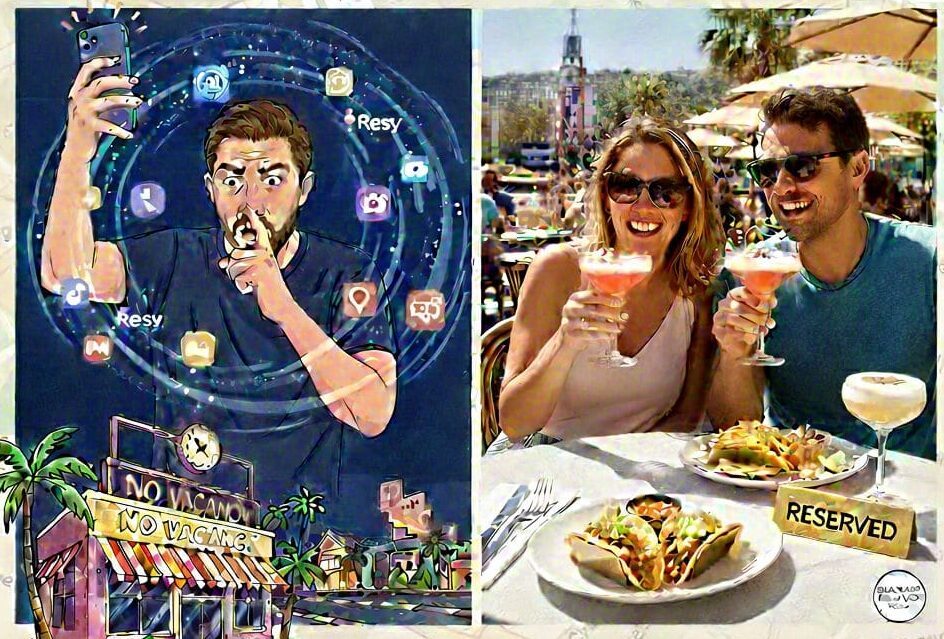 A split-screen graphic for Los Angeles dining. On the left, a frustrated man holds a phone showing Resy app icons outside a "No Vacancy" restaurant. On the right, a happy couple toasts with cocktails and tacos at a reserved outdoor table in sunny LA.