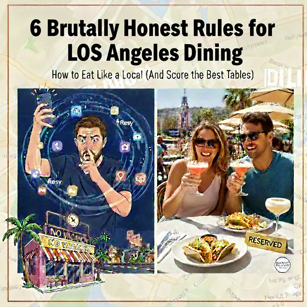 A split-screen graphic for Los Angeles dining. On the left, a frustrated man holds a phone showing Resy app icons outside a "No Vacancy" restaurant. On the right, a happy couple toasts with cocktails and tacos at a reserved outdoor table in sunny LA.