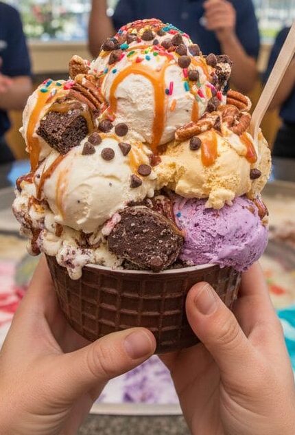 A massive, multi-scoop Cold Stone Creamery ice cream creation in a chocolate waffle bowl with brownies, pecans, and caramel, held over a granite mixing stone while staff cheer in the background.