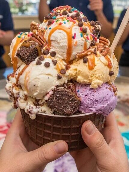 A massive, multi-scoop Cold Stone Creamery ice cream creation in a chocolate waffle bowl with brownies, pecans, and caramel, held over a granite mixing stone while staff cheer in the background.