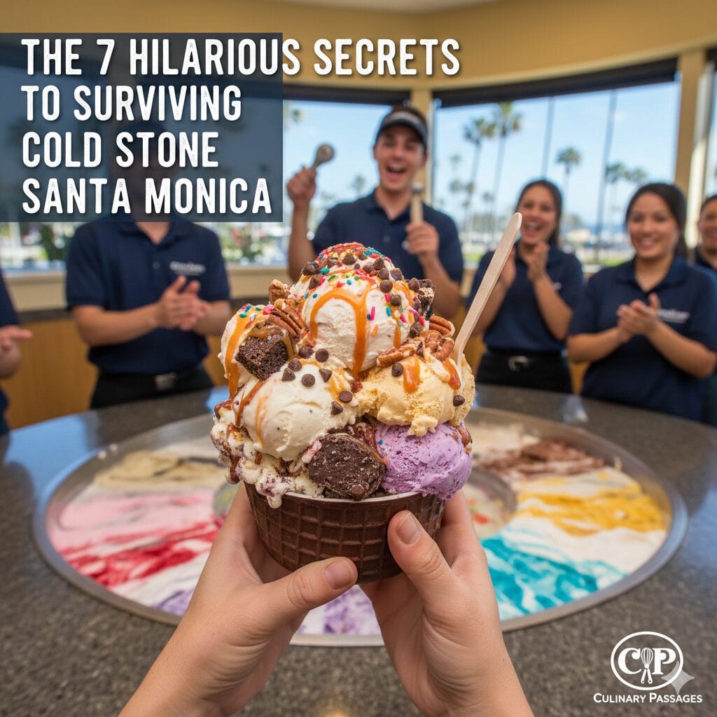 A massive, multi-scoop Cold Stone Creamery ice cream creation in a chocolate waffle bowl with brownies, pecans, and caramel, held over a granite mixing stone while staff cheer in the background.