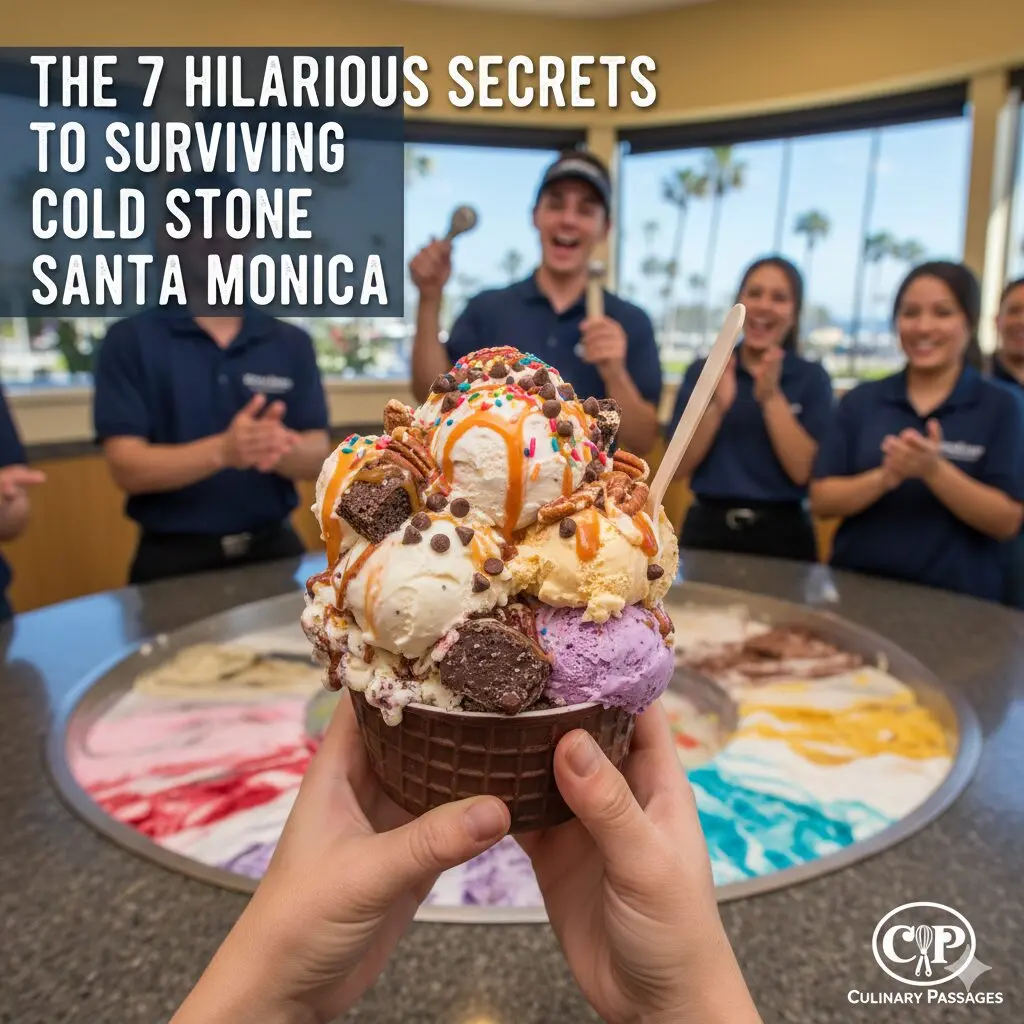 A massive, multi-scoop Cold Stone Creamery ice cream creation in a chocolate waffle bowl with brownies, pecans, and caramel, held over a granite mixing stone while staff cheer in the background.
