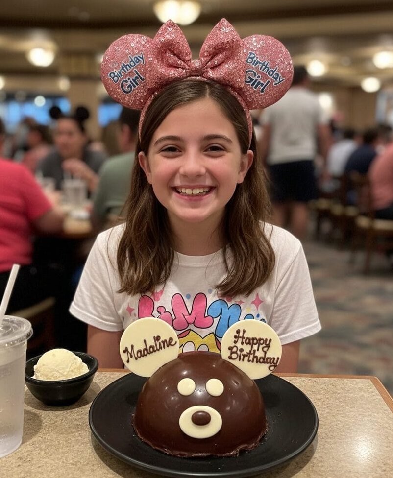 An 11-year-old girl named Madeline wearing pink "Birthday Girl" Mickey ears, smiling behind a chocolate Mickey Mouse celebration cake at a Disneyland restaurant.