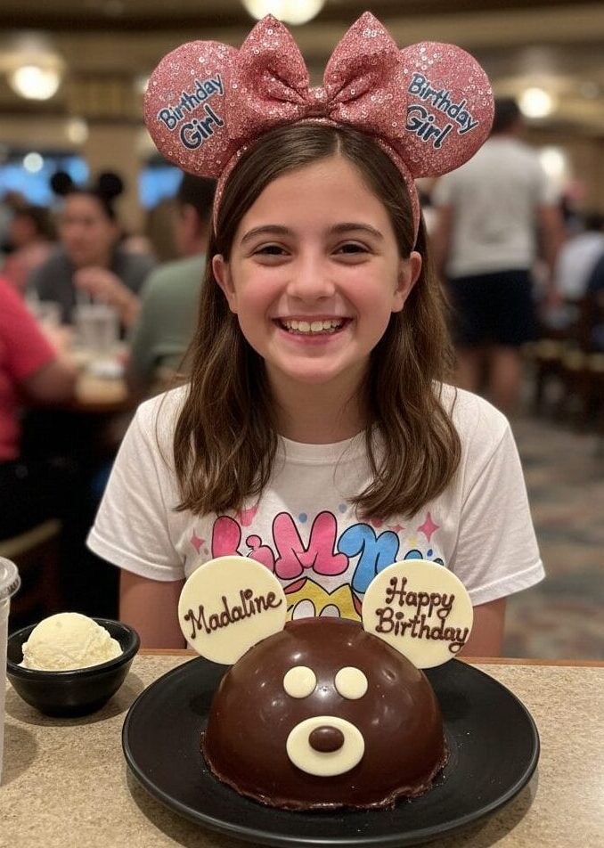 An 11-year-old girl named Madeline wearing pink "Birthday Girl" Mickey ears, smiling behind a chocolate Mickey Mouse celebration cake at a Disneyland restaurant.