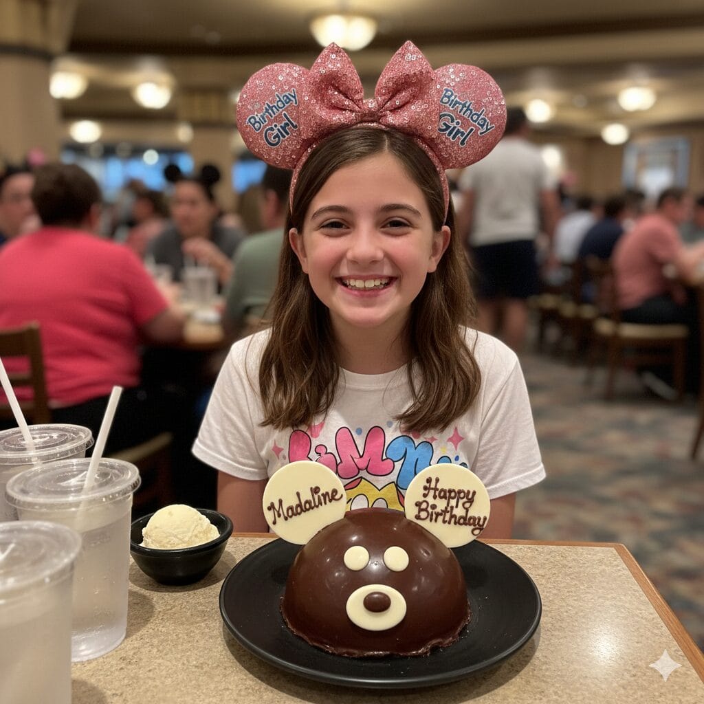An 11-year-old girl named Madeline wearing pink "Birthday Girl" Mickey ears, smiling behind a chocolate Mickey Mouse celebration cake at a Disneyland restaurant.