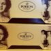 Close-up of yellow Porto’s Bakery & Cafe boxes featuring a vintage black and white portrait of founder Rosa Porto and her children.