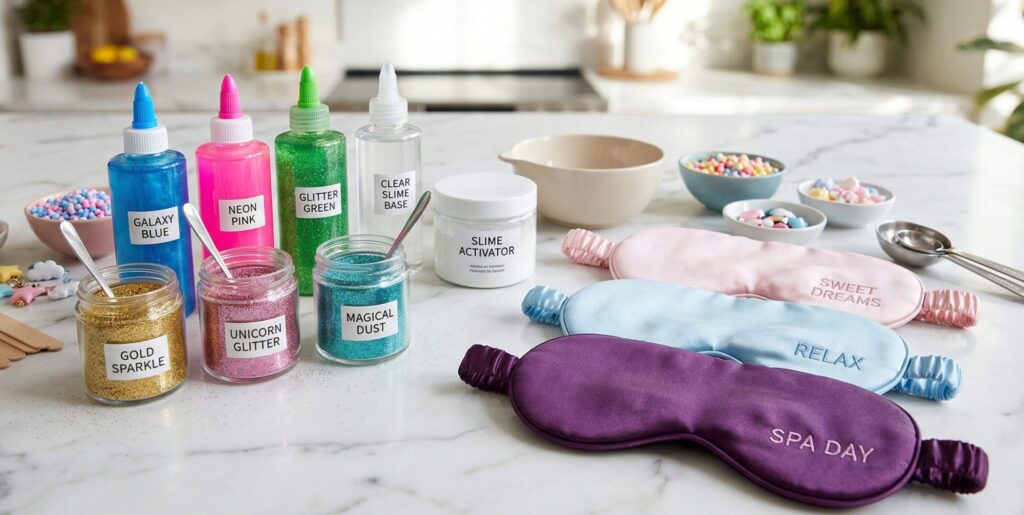 A candid macro flat lay on a white marble counter showing colorful "slime" ingredients, including neon pink, blue, and green glues in labeled squeeze bottles, gold and rainbow glitter jars with small metal spoons, measuring spoons, and three soft silk eye masks (pink, blue, purple) embroidered with "SWEET DREAMS" and "RELAX".
