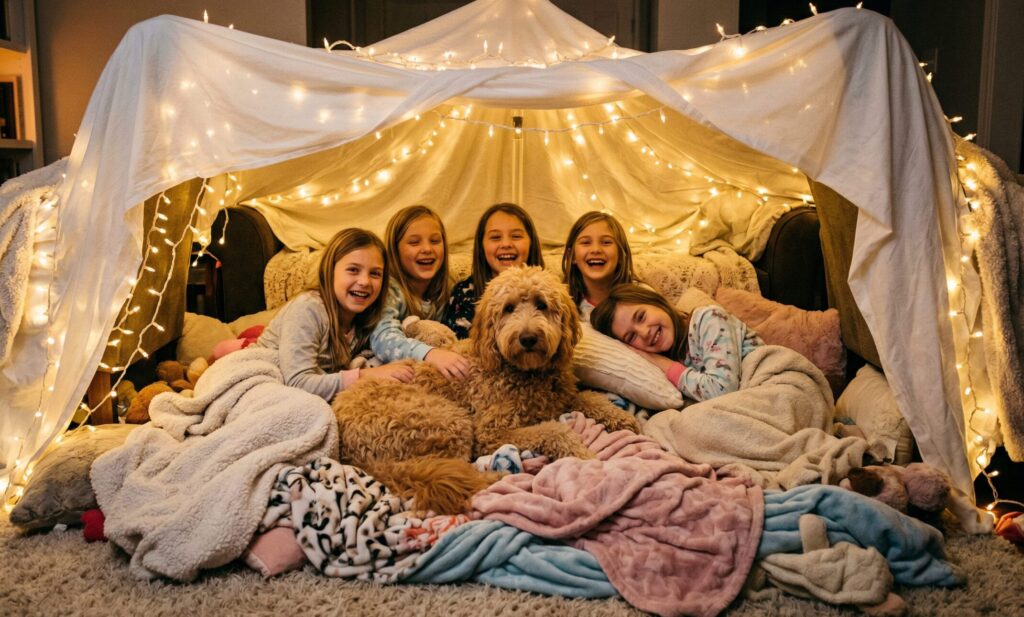 Five happy young girls in pajamas snuggled closely together under a blanket fort canopy made of white sheets and glowing, warm-yellow fairy lights. Barnaby, a fluffy apricot-colored Goldendoodle dog, is nestled right in the middle of the pile of colorful blankets and pillows. The girls are laughing and looking contently at the camera. They are ready for the sleepover!