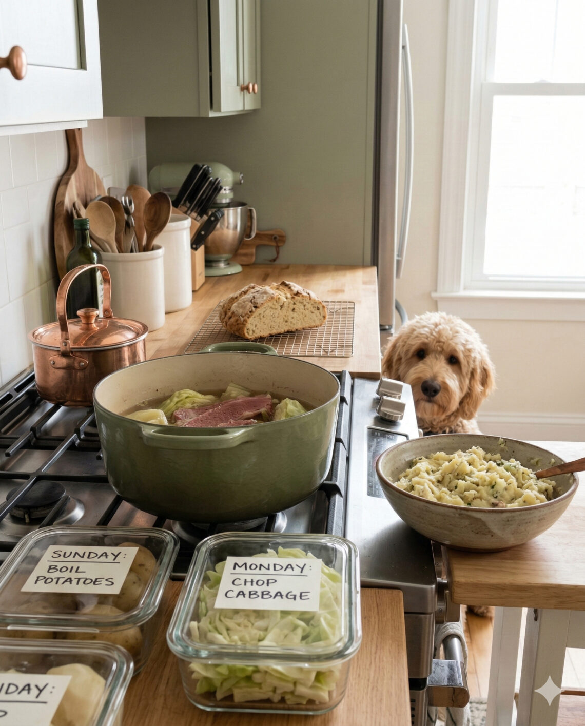A cozy kitchen counter featuring glass meal prep containers labeled "Sunday: Boil Potatoes" and "Monday: Chop Cabbage" next to a sage green Dutch oven, with a goldendoodle dog peering over the edge.