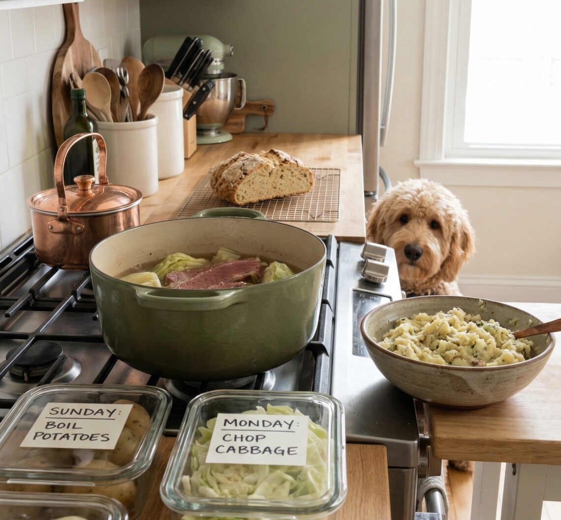 A cozy kitchen counter featuring glass meal prep containers labeled "Sunday: Boil Potatoes" and "Monday: Chop Cabbage" next to a sage green Dutch oven, with a goldendoodle dog peering over the edge.