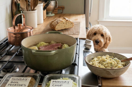 A cozy kitchen counter featuring glass meal prep containers labeled "Sunday: Boil Potatoes" and "Monday: Chop Cabbage" next to a sage green Dutch oven, with a goldendoodle dog peering over the edge.