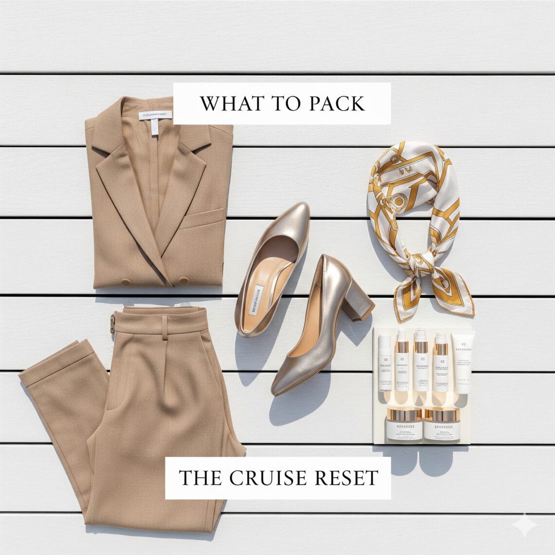 A high-end flat lay of luxury cruise essentials including tan linen trousers, a gold metallic block heel, a silk designer headscarf, and high-end travel skincare on a white wooden deck.