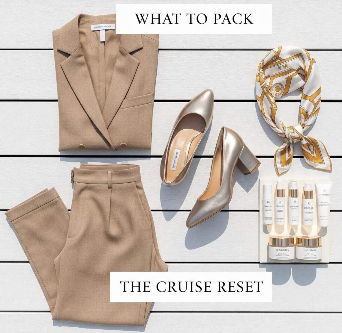 A high-end flat lay of luxury cruise essentials including tan linen trousers, a gold metallic block heel, a silk designer headscarf, and high-end travel skincare on a white wooden deck.