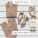 A high-end flat lay of luxury cruise essentials including tan linen trousers, a gold metallic block heel, a silk designer headscarf, and high-end travel skincare on a white wooden deck.
