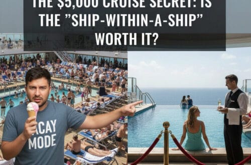 A split-screen comparison of a crowded cruise ship pool deck with many people versus a quiet, luxury infinity pool with a private butler serving drinks, illustrating the "ship-within-a-ship" concept.