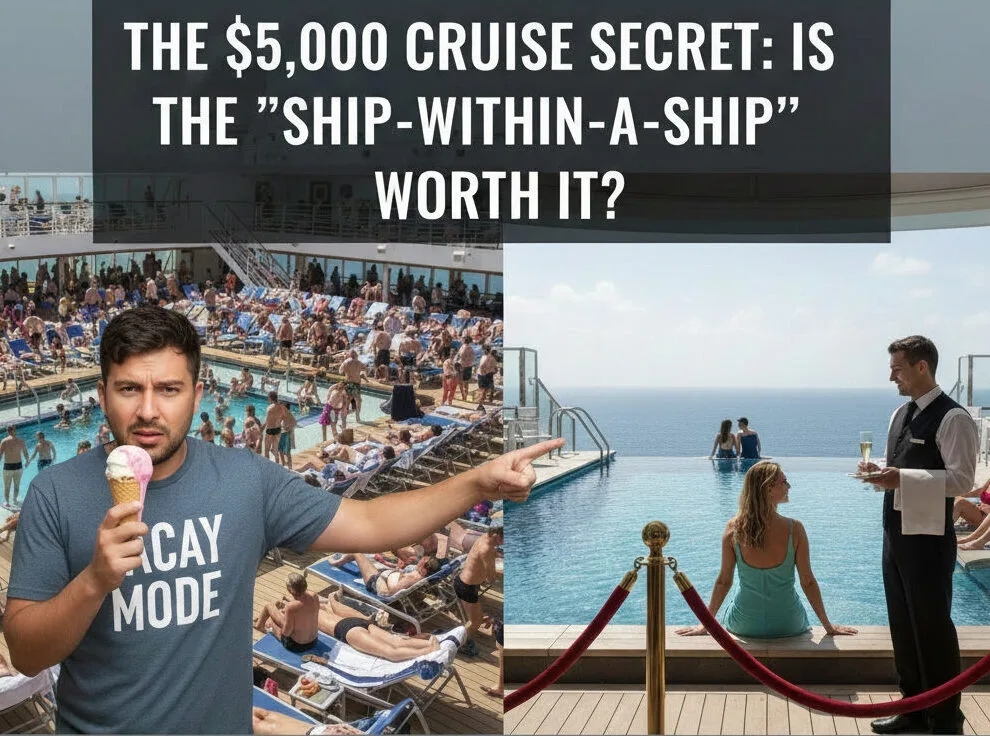 A split-screen comparison of a crowded cruise ship pool deck with many people versus a quiet, luxury infinity pool with a private butler serving drinks, illustrating the "ship-within-a-ship" concept.