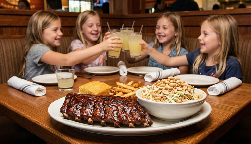 A close-up view of a glistening rack of St. Louis Style Ribs and a bowl of crunchy peanut coleslaw on a wooden restaurant table. In the background, four young girls in colorful tops are seated in a cozy booth, happily toasting their yellow lemonade glasses together. The atmosphere is warm and inviting.