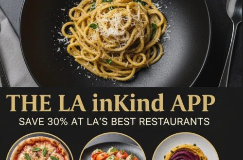 A high-end lifestyle graphic titled "The LA inKind App" featuring a top-down view of a gourmet Roman pasta dish, a Neapolitan pizza from Pizzana, premium sushi from Katsuya, and whipped eggplant from Elephante. The text reads "Save 30% at LA's Best Restaurants."