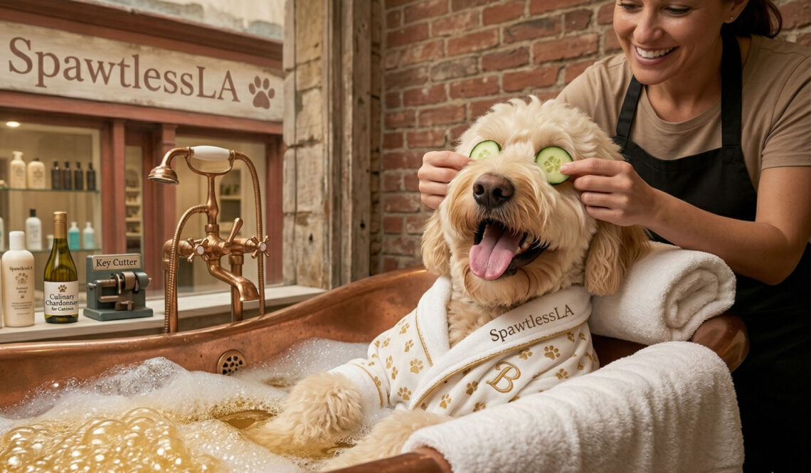 A happy cream-colored Goldendoodle named Barnaby relaxes in a copper bubble bath at the SpawtlessLA grooming shop in Bel Air. He is wearing a white monogrammed spa robe while a groomer places cucumber slices over his eyes; the background features a "Culinary Chardonnay" bottle and grooming products.