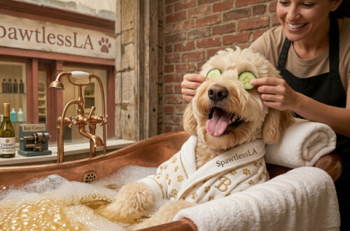 A happy cream-colored Goldendoodle named Barnaby relaxes in a copper bubble bath at the SpawtlessLA grooming shop in Bel Air. He is wearing a white monogrammed spa robe while a groomer places cucumber slices over his eyes; the background features a "Culinary Chardonnay" bottle and grooming products.