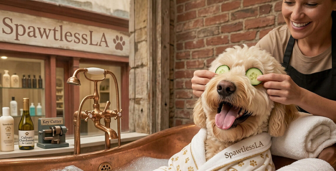 A happy cream-colored Goldendoodle named Barnaby relaxes in a copper bubble bath at the SpawtlessLA grooming shop in Bel Air. He is wearing a white monogrammed spa robe while a groomer places cucumber slices over his eyes; the background features a "Culinary Chardonnay" bottle and grooming products.