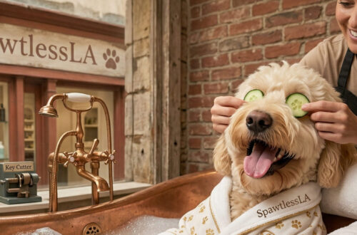 A happy cream-colored Goldendoodle named Barnaby relaxes in a copper bubble bath at the SpawtlessLA grooming shop in Bel Air. He is wearing a white monogrammed spa robe while a groomer places cucumber slices over his eyes; the background features a "Culinary Chardonnay" bottle and grooming products.