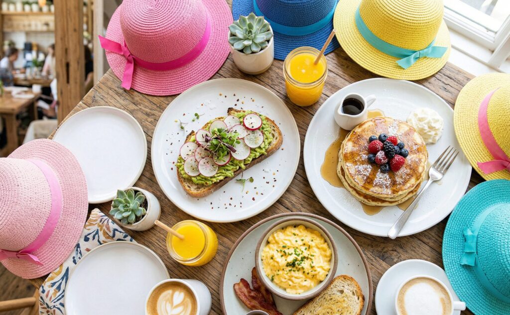 A bright top-down photo of avocado toast with radishes, lemon poppyseed pancakes with berries, and soft-scrambled eggs, surrounded by colorful pink, yellow, and blue girls' sun hats on a rustic wooden table.