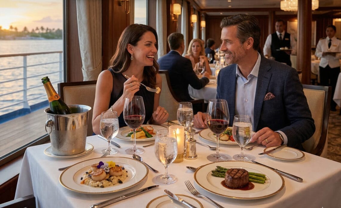 A sophisticated couple enjoying a gourmet multi-course dinner at a luxury cruise ship specialty restaurant overlooking a sunset at sea.