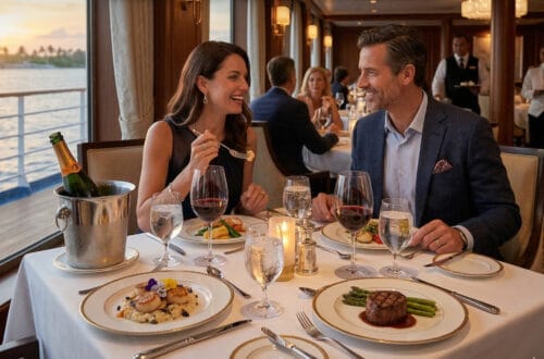 A sophisticated couple enjoying a gourmet multi-course dinner at a luxury cruise ship specialty restaurant overlooking a sunset at sea.