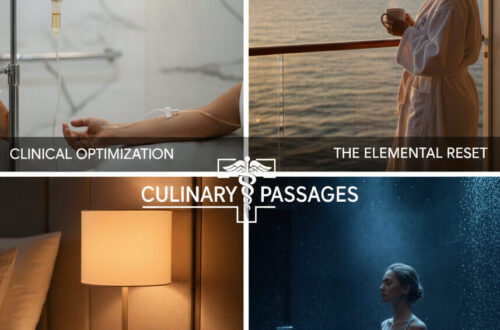 A four-quadrant collage for Culinary Passages showing a luxury IV drip, a woman in a white robe on a cruise balcony at sunset, a minimalist night-shift recovery nightstand with a silk mask, and a woman meditating in a blue-lit steam room.