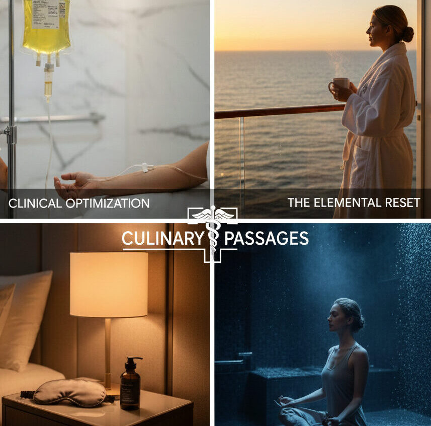 A four-quadrant collage for Culinary Passages showing a luxury IV drip, a woman in a white robe on a cruise balcony at sunset, a minimalist night-shift recovery nightstand with a silk mask, and a woman meditating in a blue-lit steam room.