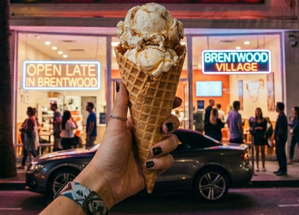 A first-person perspective close-up of a double-scoop Sea Salt with Caramel Ribbons ice cream cone in a waffle cone, held up against the glowing blue and pink neon "Salt & Straw" sign in Brentwood Village at night. Perfect dessert for a sleepover.
