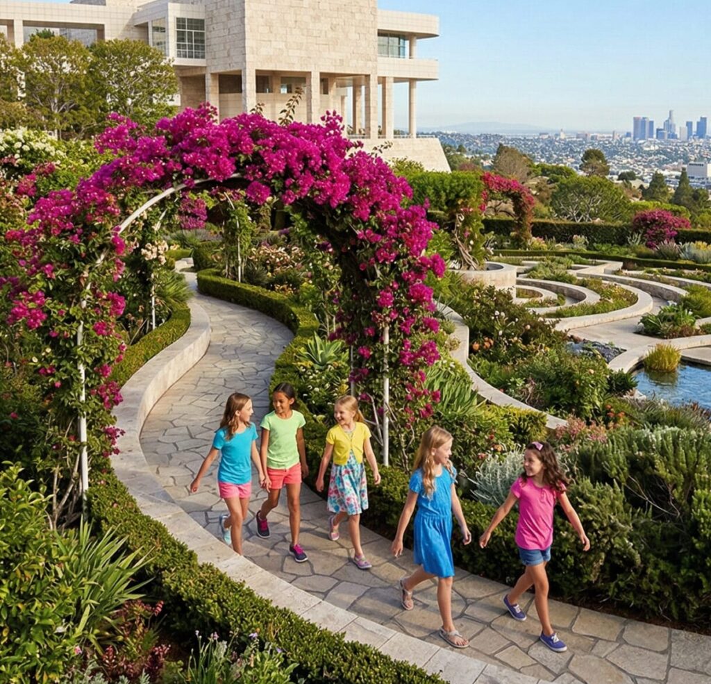 A group of young girls in colorful summer outfits walking through the maze-like stone paths and vibrant purple bougainvillea arches of the Getty Center Central Garden, with a panoramic view of the Los Angeles skyline in the background.