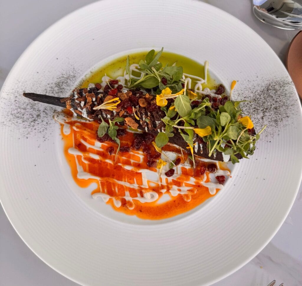 A vibrant fine-dining presentation of smoked eggplant topped with fermented whey, barberries, and fresh microgreens on a white plate.