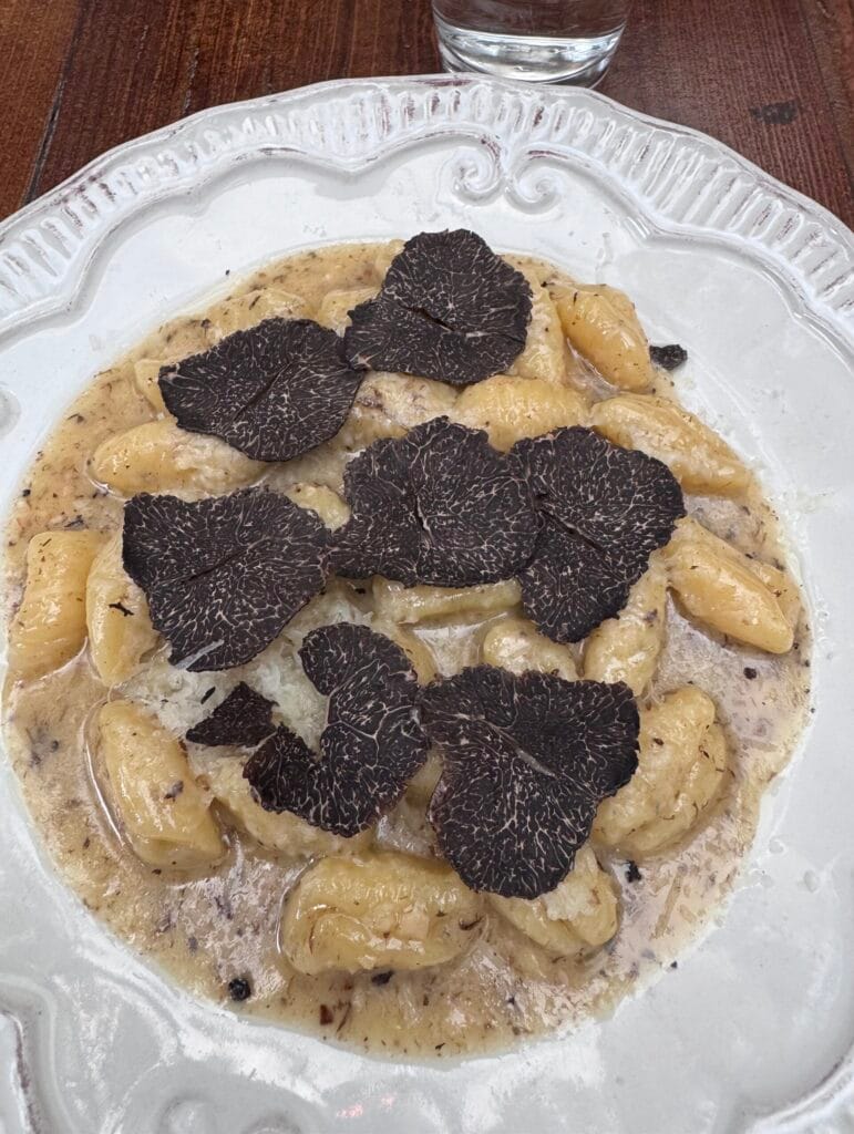 Close-up overhead shot of a plate of potato gnocchi in a creamy mushroom sauce, generously topped with large, thin shavings of black truffle and grated Parmesan cheese, served on a white decorative plate.