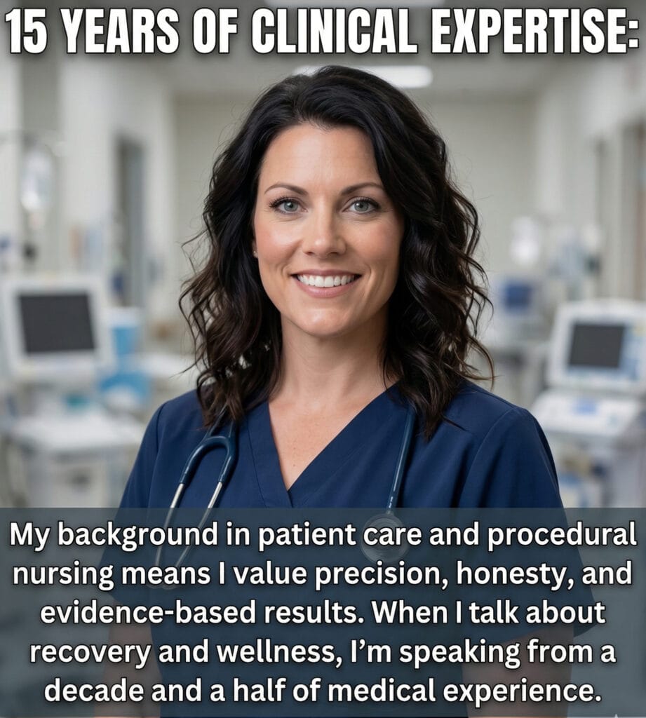 An educational and professional graphic featuring a headshot of Ginger Graham, a nurse with dark wavy hair and blue eyes, wearing navy blue scrubs and a stethoscope. The image includes large white text overlaying a blurred hospital background. The top text reads "15 YEARS OF CLINICAL EXPERTISE:" and the bottom text describes her commitment to precision, honesty, and evidence-based results, signed with her name in script.