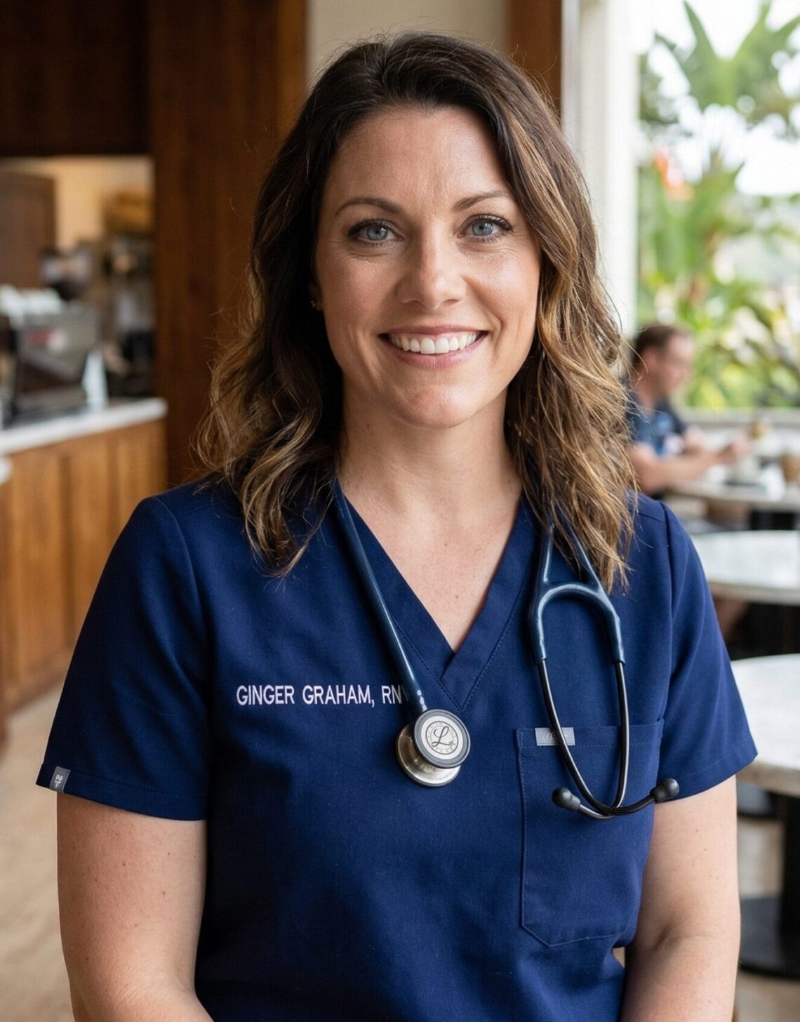 A professional headshot of Ginger Graham (creator of Culinary Passages), a woman with dark wavy hair and blue eyes, smiling warmly while seated at a restaurant table. She is wearing navy blue nursing scrubs with a stethoscope around her neck and "Ginger Graham, RN" embroidered on her chest. The background is a brightly lit upscale cafe with other diners, warm wood paneling, and large windows looking out onto a blurred tropical setting with palm trees.