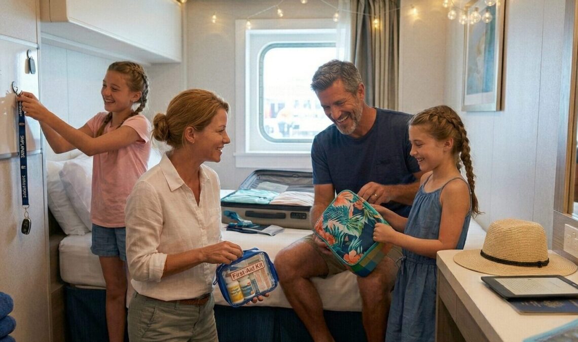 Ginger Graham and her husband Brad help their daughters Madeline and Charlotte unpack in a cruise ship cabin, featuring organized toiletries and cruise essentials.