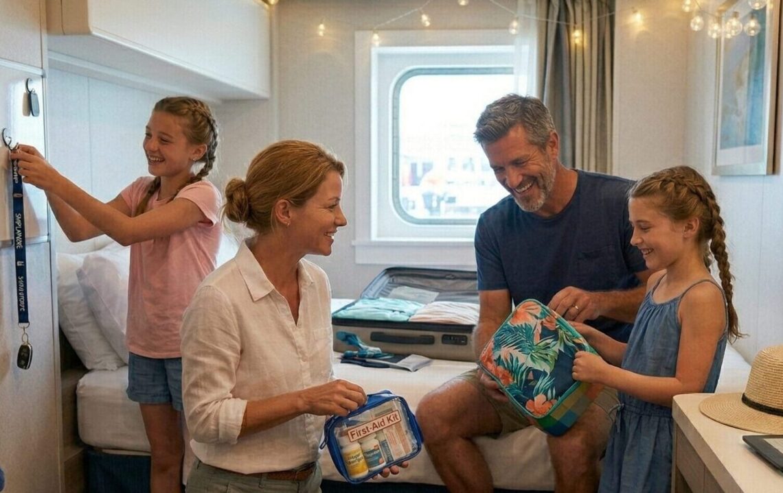 Ginger Graham and her husband Brad help their daughters Madeline and Charlotte unpack in a cruise ship cabin, featuring organized toiletries and cruise essentials.