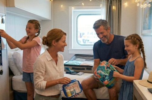 Ginger Graham and her husband Brad help their daughters Madeline and Charlotte unpack in a cruise ship cabin, featuring organized toiletries and cruise essentials.