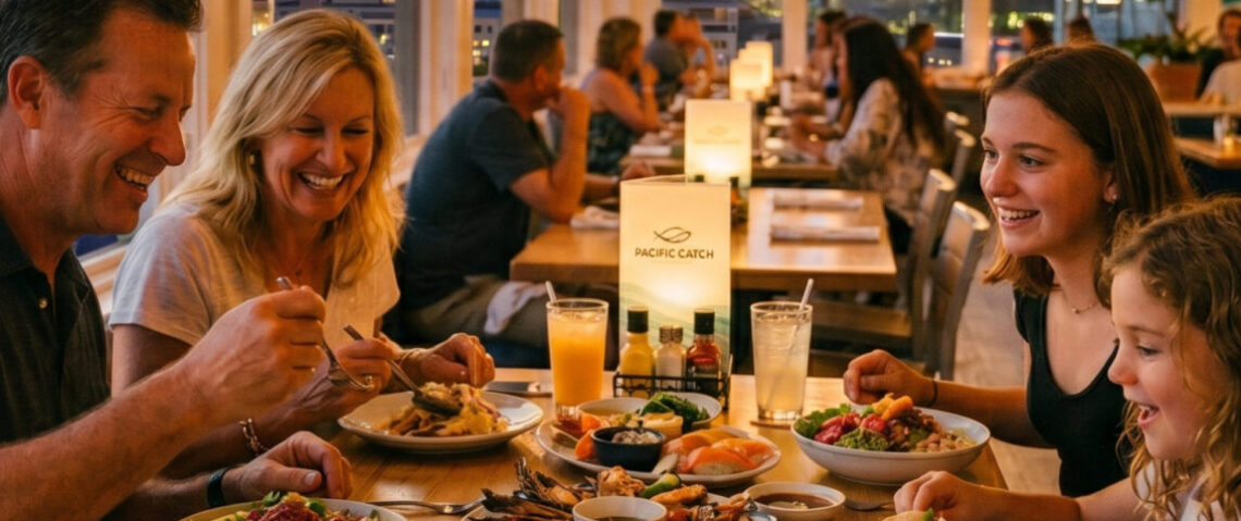 The Graham family (Ginger, Brad, Charlotte, and Madeline) smiling and enjoying a sensory diverse seafood spread at Pacific Catch restaurant, featuring a nighttime Santa Monica city in the background.