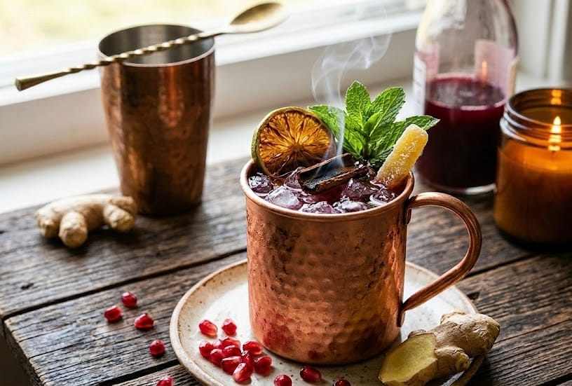 A Pomegranate-Ginger "Excavator" cocktail served in a hammered copper mug with a smoking cinnamon stick garnish, on a rustic wood plank next to fresh pomegranate and ginger.