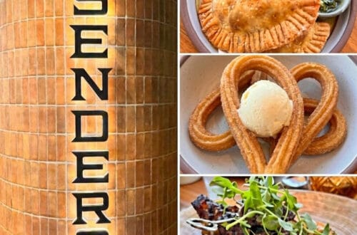 A vertical four-image collage. On the left is the illuminated Sendero restaurant sign. On the right, stacked vertically, are golden Verduras Empanadas with dipping sauces, heart-shaped churros with vanilla ice cream, and Prime Ribeye Anticuchos with roasted potatoes and microgreens.
